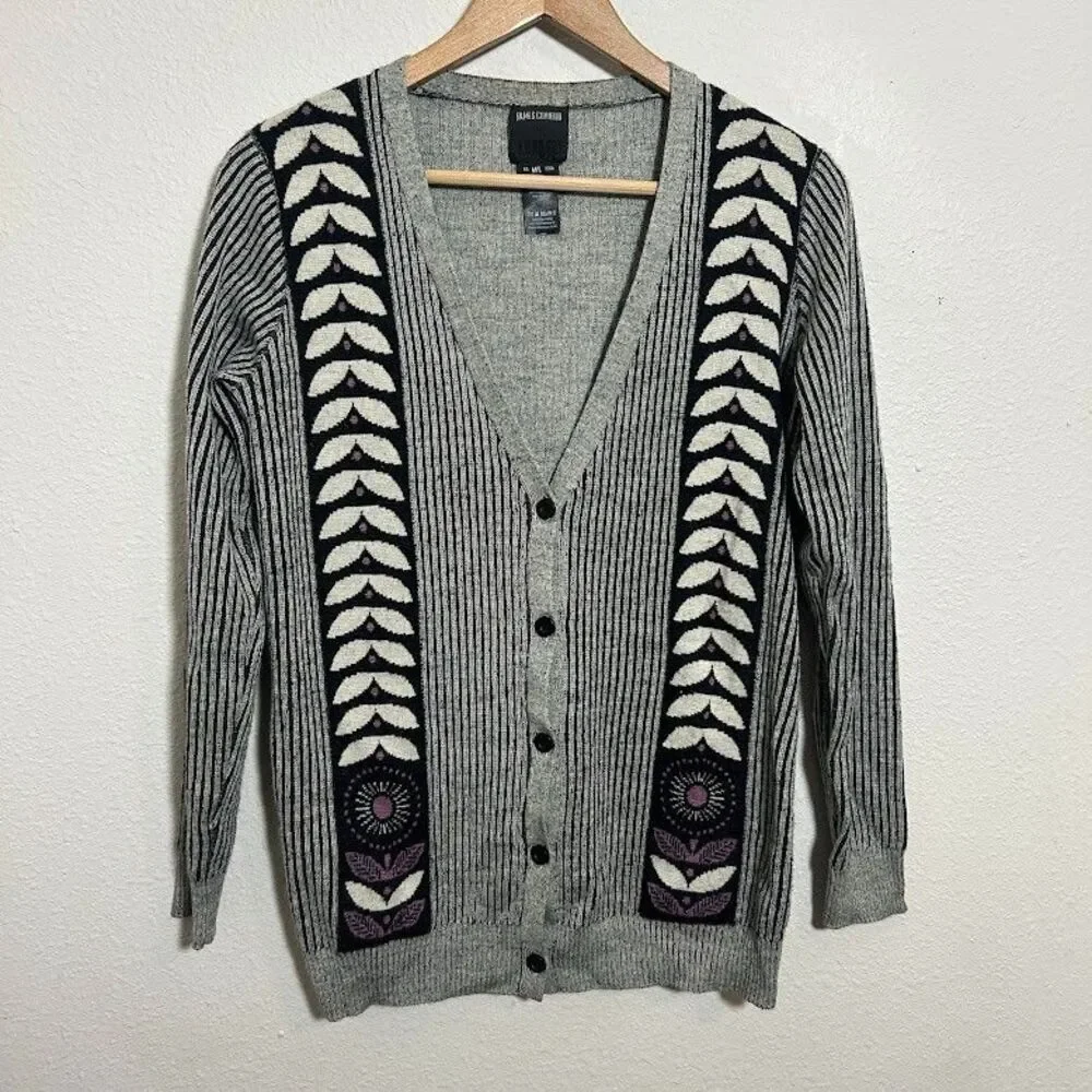 Anna Sui for James Coviello Cardigan Sweater M/L Gray Black Wool Blend Floral